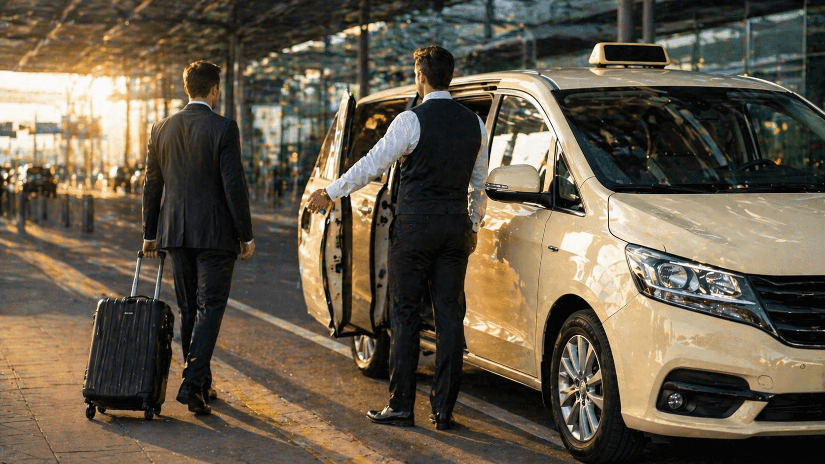 chauffeur opening door for business traveller at Stuttgart Airport